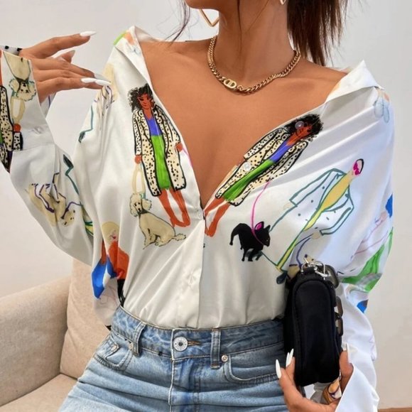 Firgure Print Contemporary Button down long sleeve blouse top - Picture 4 of 7